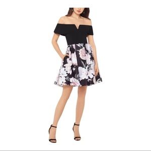 Betsy & Adam Off Shoulder Formal Dress Black Floral Flare Silhouette Pockets